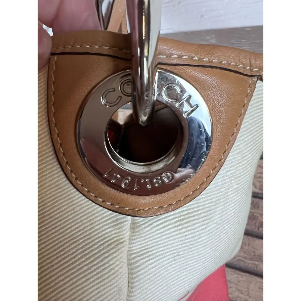 Coach Hadley Variegated‎ Coral & Beige Striped Canvas Leather Tote Shoulder Bag